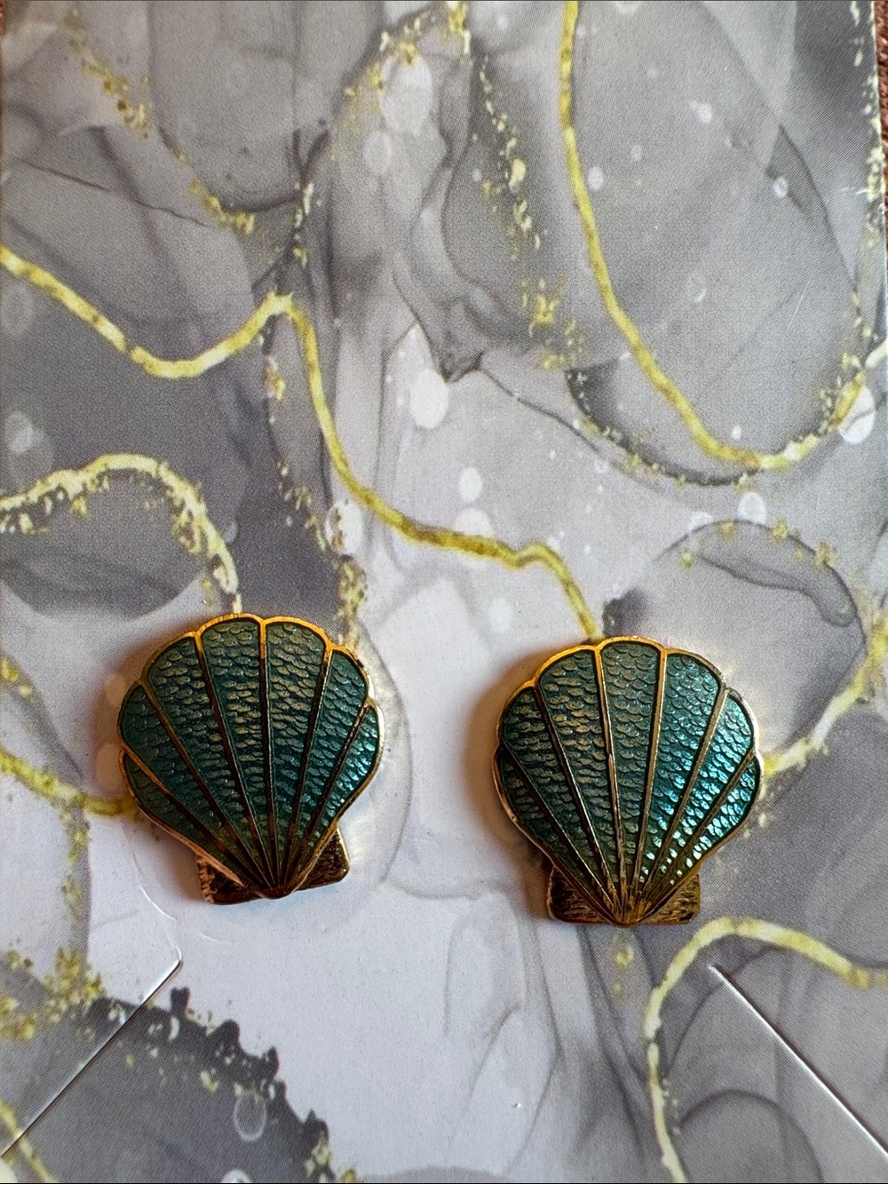 Vintage Cloisonné Aqua Blue & Gold Shell Stud Earrings